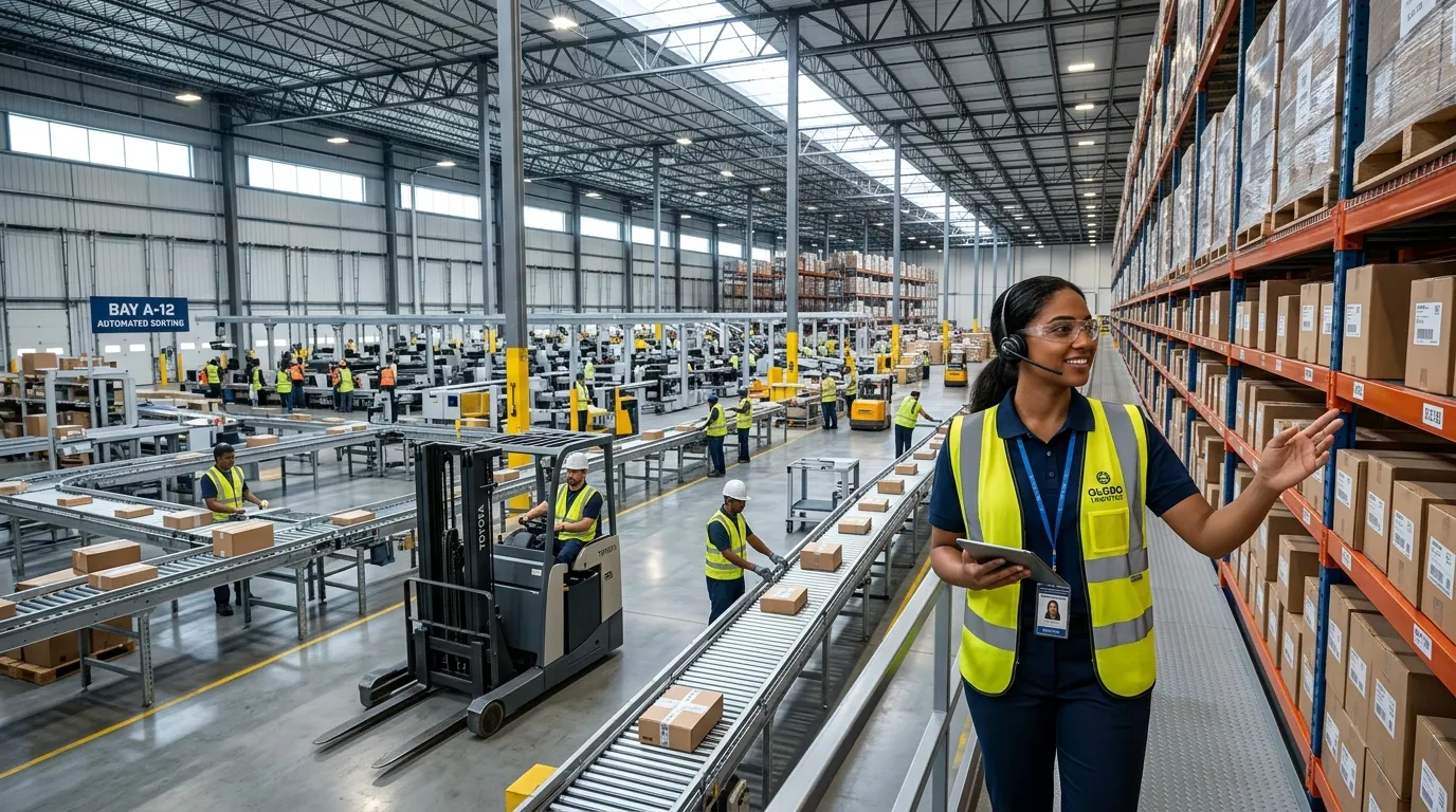 Femme superviseur dans entrepôt automatisé avec convoyeurs et stockage